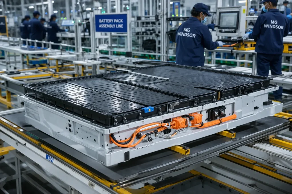 MG Windsor EV Pro 52.9 kWh prismatic cell battery pack during assembly