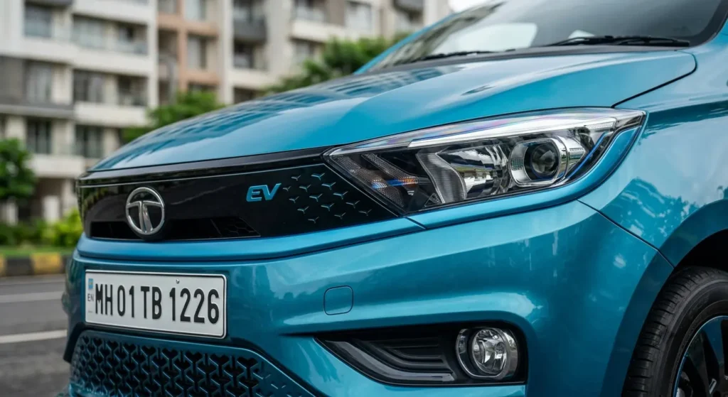 Tata Tiago EV 2026 facelift front grille headlamps