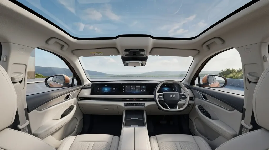 Mahindra XEV 9e interior triple screen panoramic roof