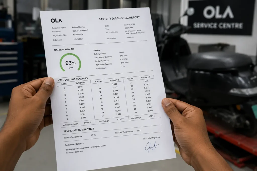 Close-up of a written battery diagnostic report showing individual cell voltage readings
