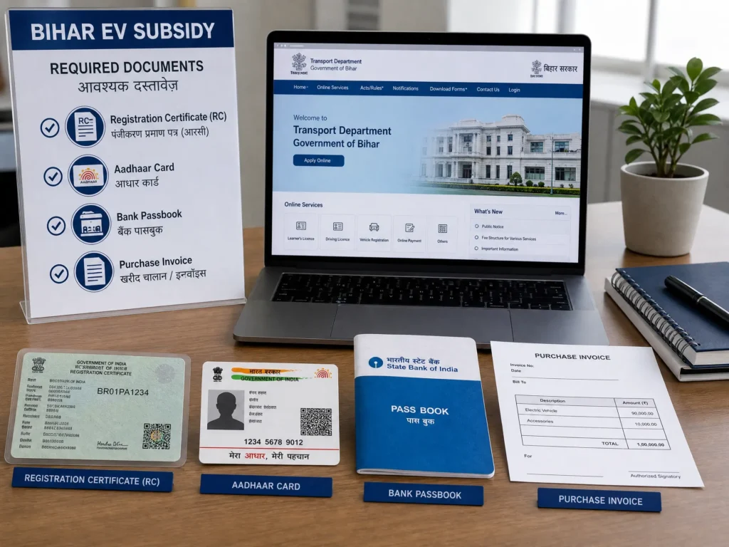 A visual checklist of required documents for Bihar EV subsidy application, including Registration Certificate (RC), Aadhaar Card, Bank Passbook, and Purchase Invoice displayed on an office desk.