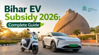 A professional hero image for Bihar Electric Vehicle Subsidy 2026 guide featuring a white electric car and scooter parked in front of the historic Golghar landmark in Patna, Bihar.