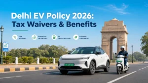 Delhi EV Policy 2026 featured image showing electric cars and scooters with green license plates on a clean Delhi street.
