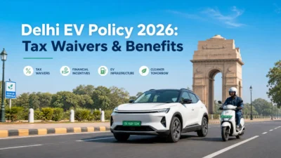 Delhi EV Policy 2026 featured image showing electric cars and scooters with green license plates on a clean Delhi street.