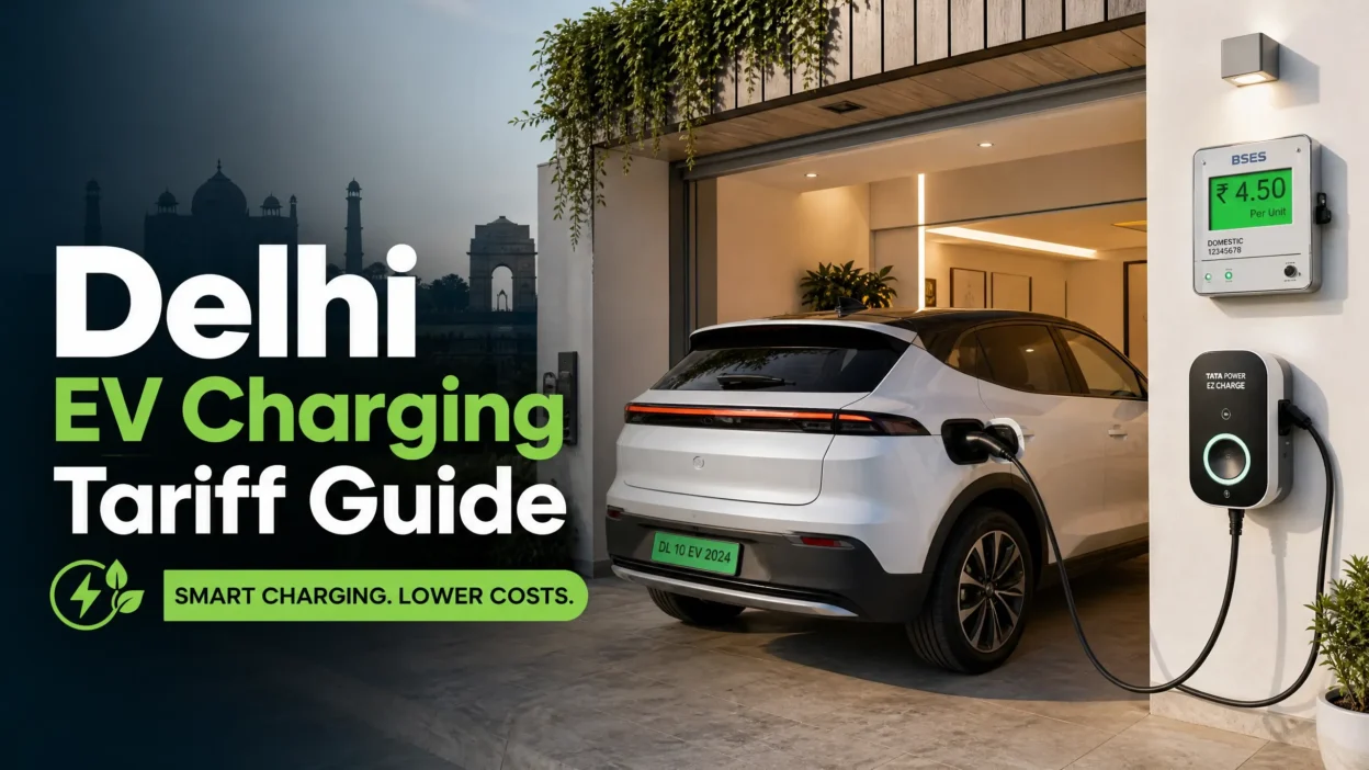 Delhi EV charging tariff slabs guide featured image showing a modern electric car charging at home with a dedicated meter.