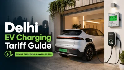 Delhi EV charging tariff slabs guide featured image showing a modern electric car charging at home with a dedicated meter.