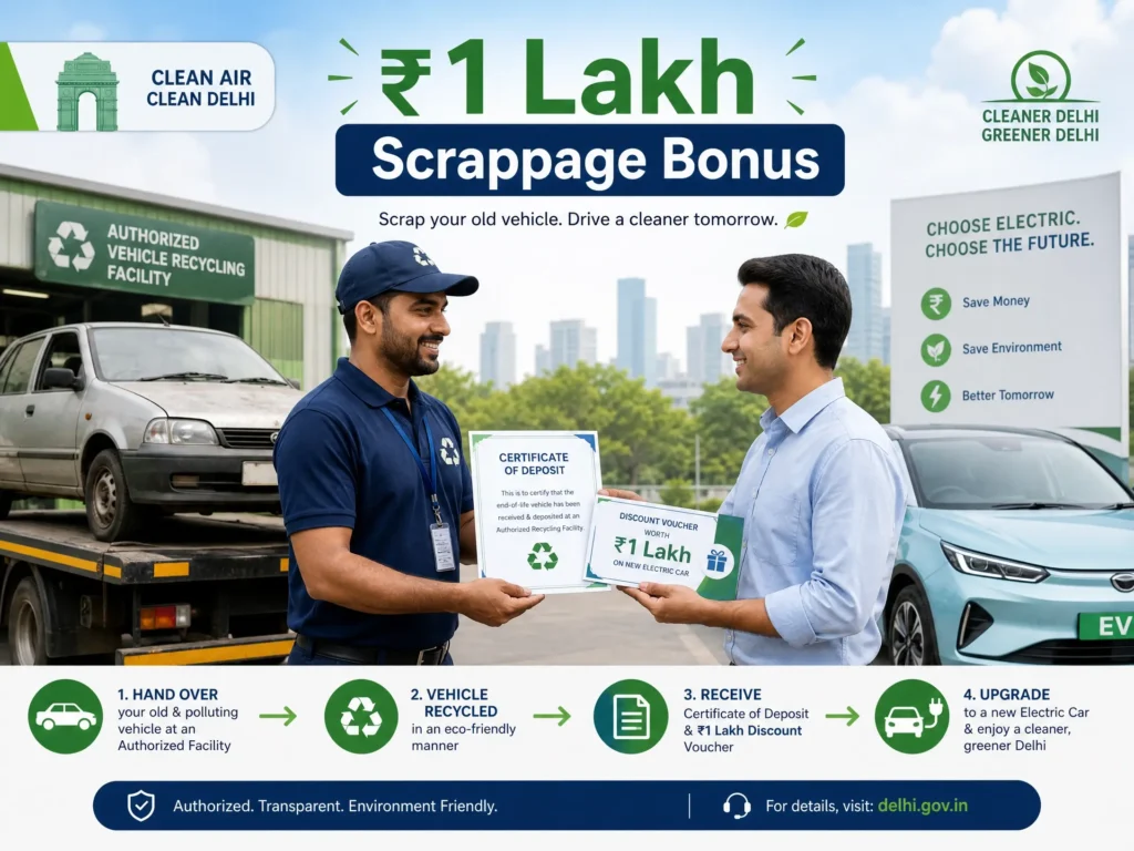 Visual guide to the ₹1 Lakh scrappage bonus in Delhi for replacing old petrol or diesel cars with new electric vehicles.