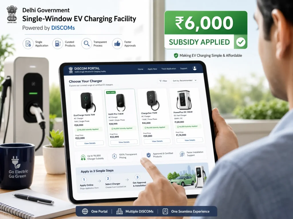 Conceptual image of the Delhi Government's Single-Window EV Charging facility showing the ₹6,000 subsidy application process.