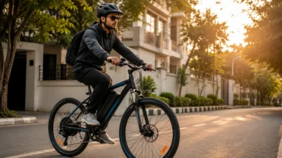 E-bike conversion kit with lithium battery installed on a bicycle in India