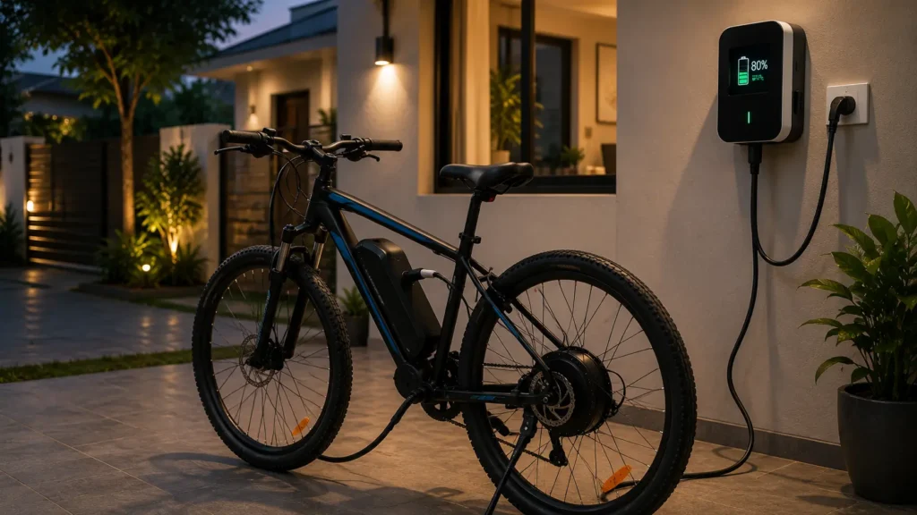 Electric bicycle charging at home using a wall-mounted AC charger