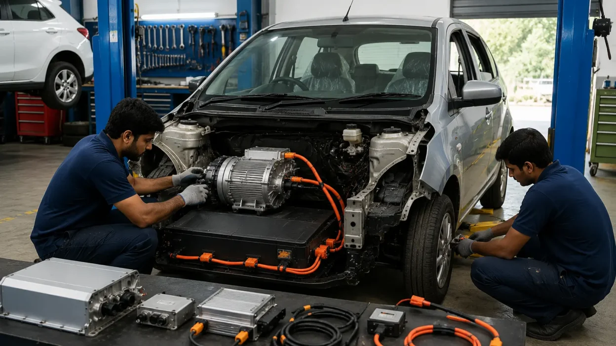 Electric car conversion kit installation in an Indian workshop