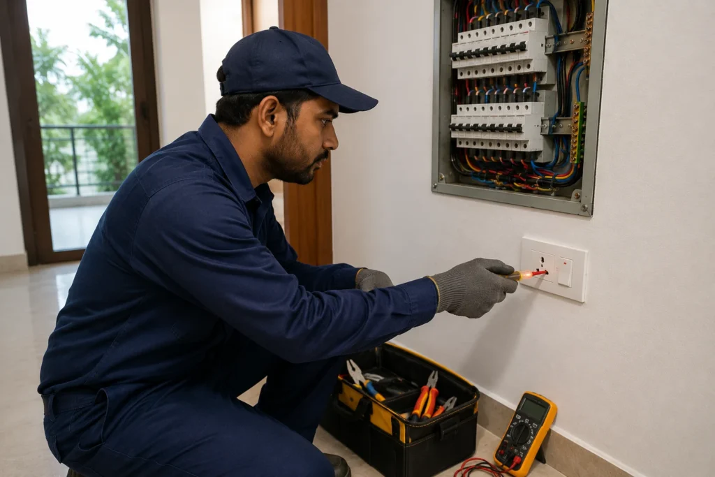 Electrician inspecting home wiring and earthing before EV charging setup