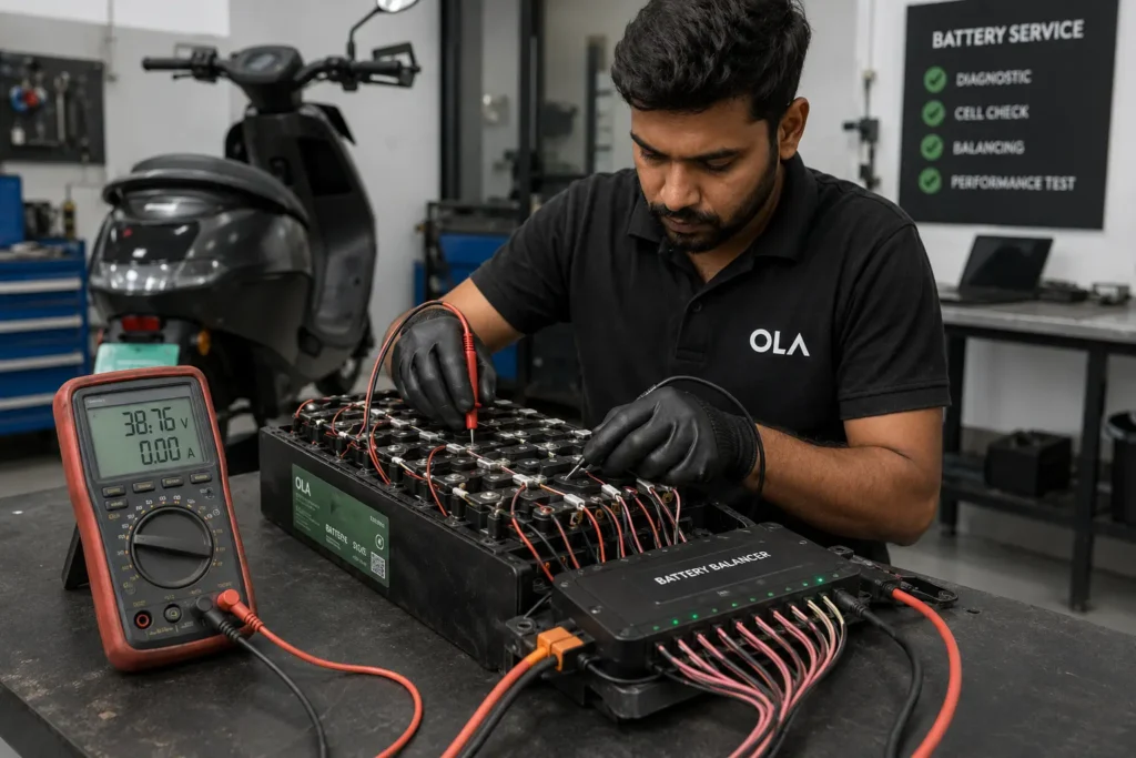Technician performing battery balancing on an electric scooter battery pack before recommending replacement