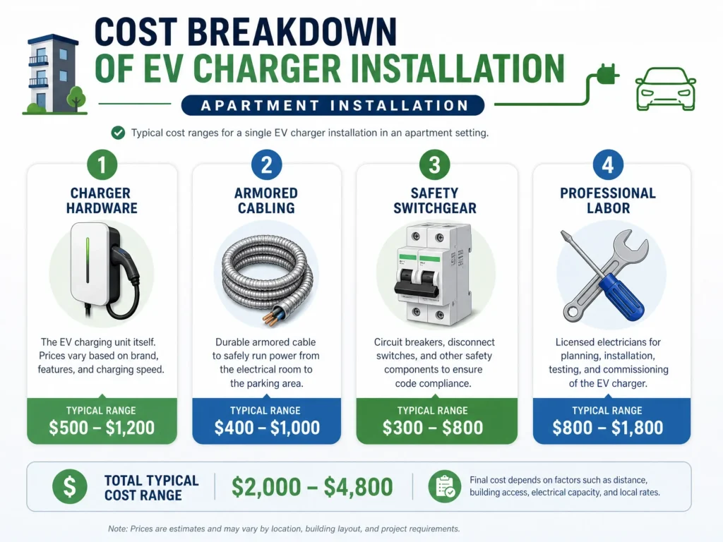 A detailed infographic showing the 4 main cost components of EV charger installation in apartments: Charger Hardware, Armored Cabling, Safety Switchgear, and Labor.