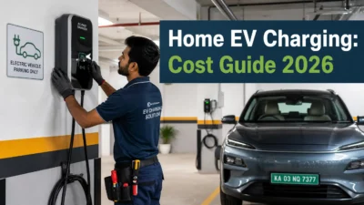 A professional electrician installing a wall-mounted EV charger in an Indian apartment basement parking slot with an electric car parked nearby