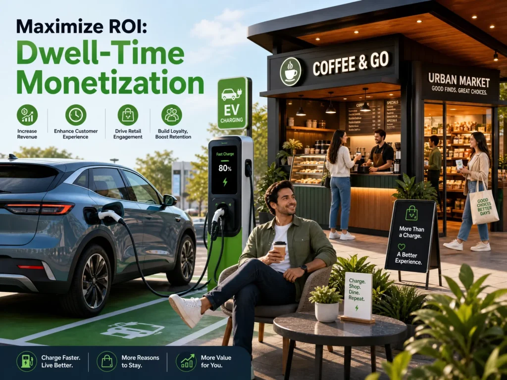 Conceptual image showing how to maximize ROI through dwell-time monetization with coffee shops and retail kiosks at EV charging stations.