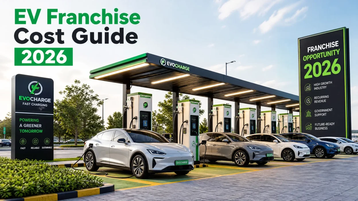 Comprehensive guide to EV charging station franchise costs in India for 2026, featuring a modern highway charging hub.