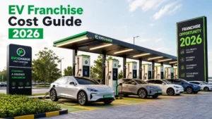Comprehensive guide to EV charging station franchise costs in India for 2026, featuring a modern highway charging hub.