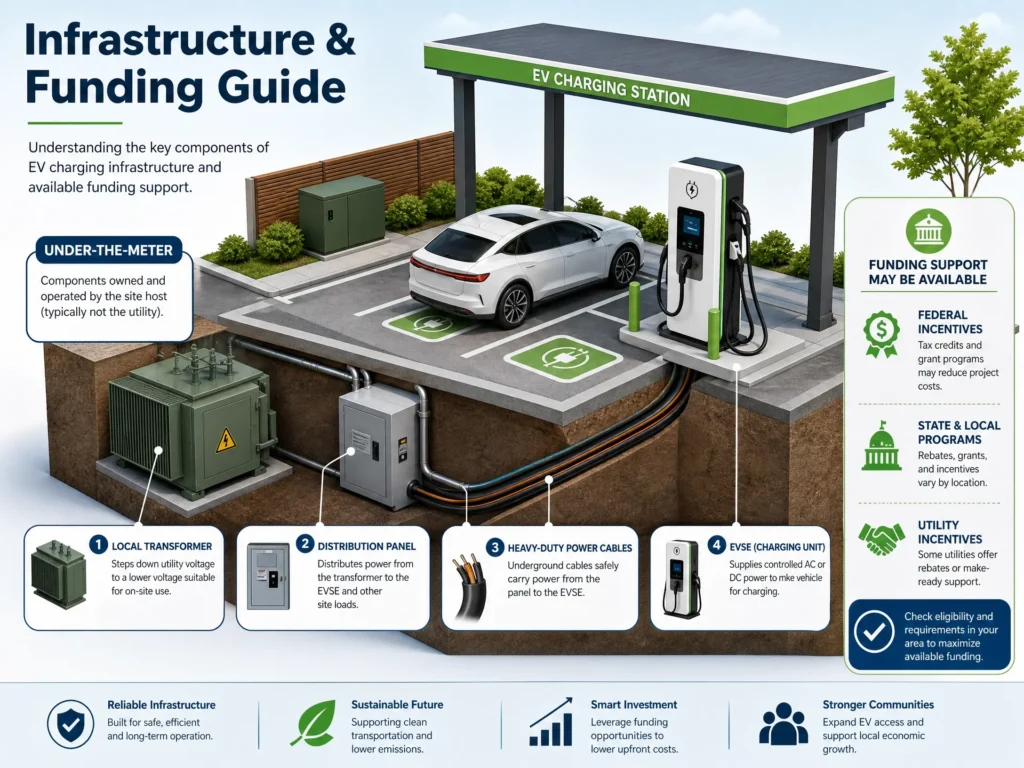 Visual guide showing different EV charging location categories in India, including government offices, highway rest stops, and shopping malls.