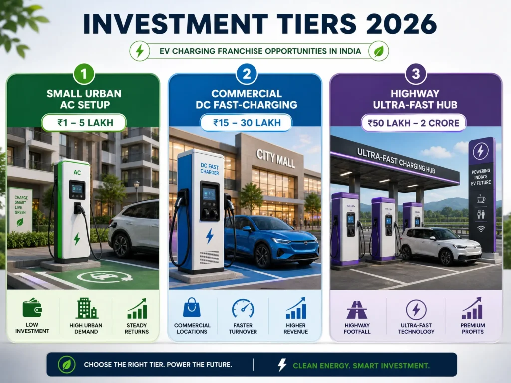 Infographic showing three investment tiers for EV franchises in India: Small Urban AC, Commercial DC Fast-Charging, and Highway Ultra-Fast Hubs.