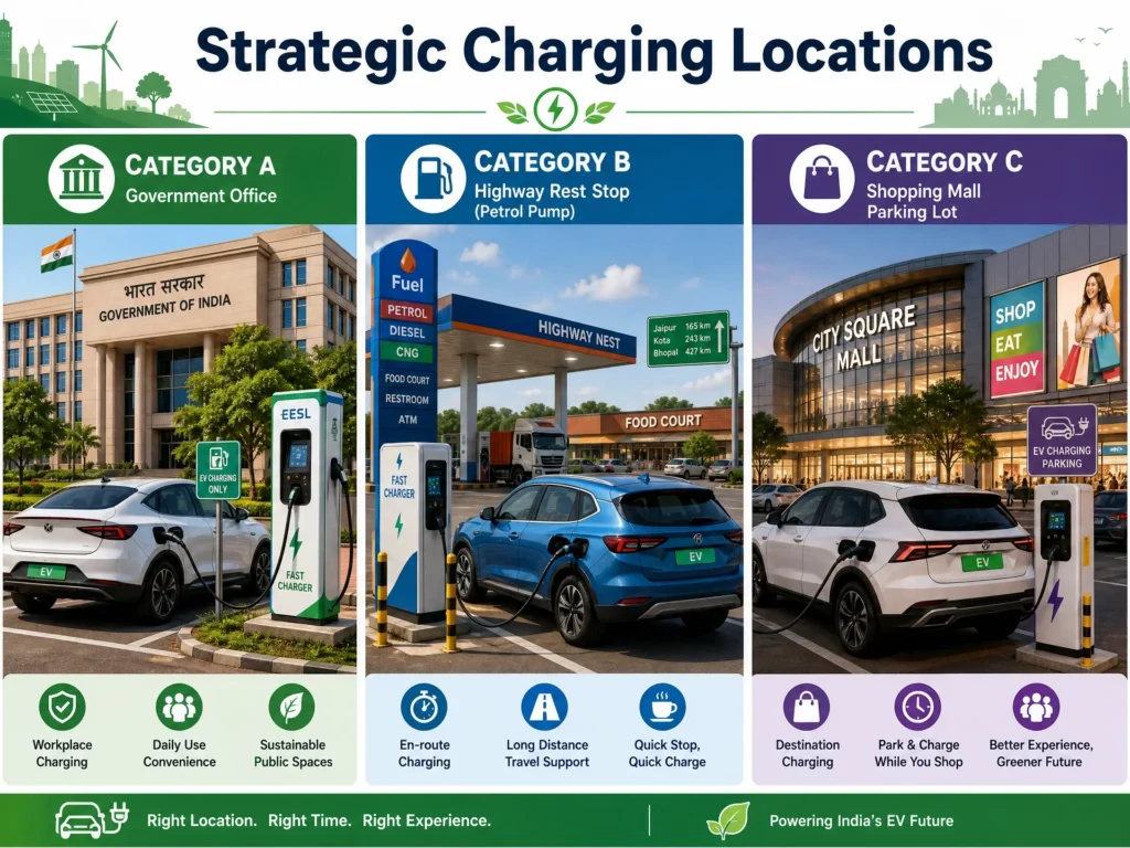 Visual guide showing different EV charging location categories in India, including government offices, highway rest stops, and shopping malls.