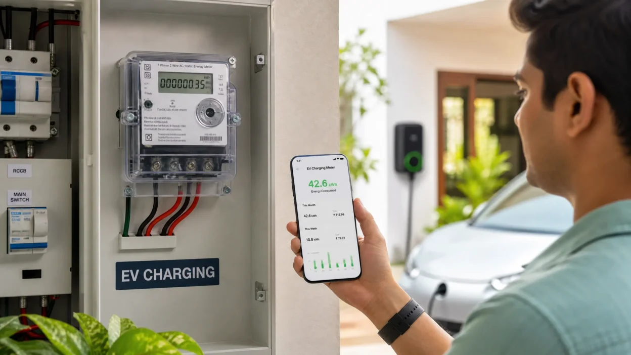 A professional hero image showing a new digital electricity meter for EV charging being monitored via a smartphone app in an Indian home.