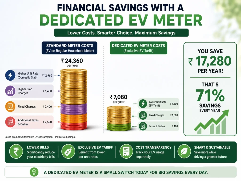 A financial savings comparison chart showing the significant cost reduction when using a dedicated EV meter versus a standard domestic meter in India