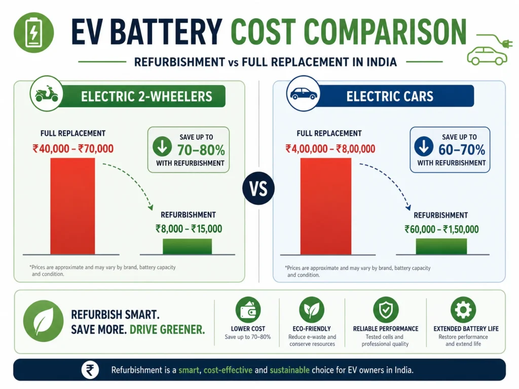 A cost comparison infographic for India showing the high price of full EV battery replacement versus the significant savings from refurbishment for 2-wheelers and cars