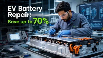 A professional hero image for EV Battery Refurbishment in India featuring a technician repairing an electric car battery pack in a high-tech lab