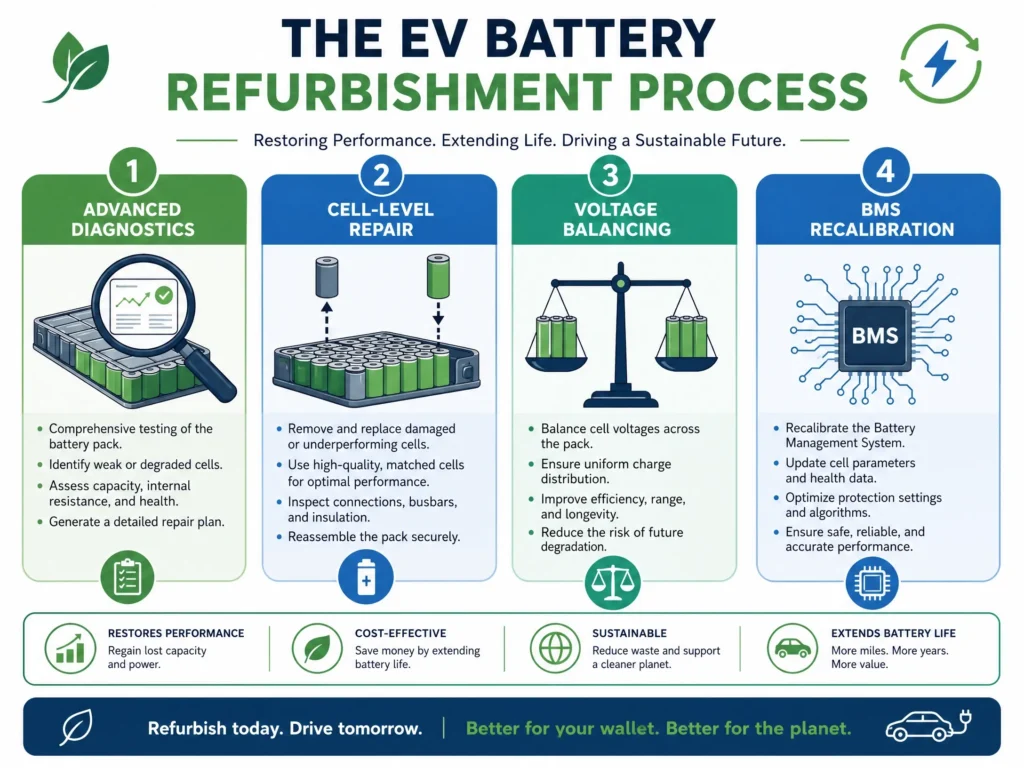 An infographic explaining the 4-stage EV battery refurbishment process: advanced diagnostics, cell-level repair, voltage balancing, and BMS recalibration