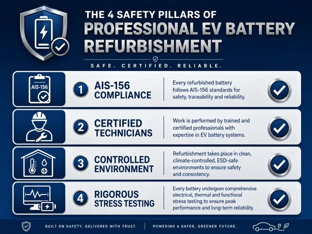A visual guide to the 4 safety pillars of professional EV battery refurbishment in India: AIS-156 compliance, certified technicians, controlled environment, and stress testing.