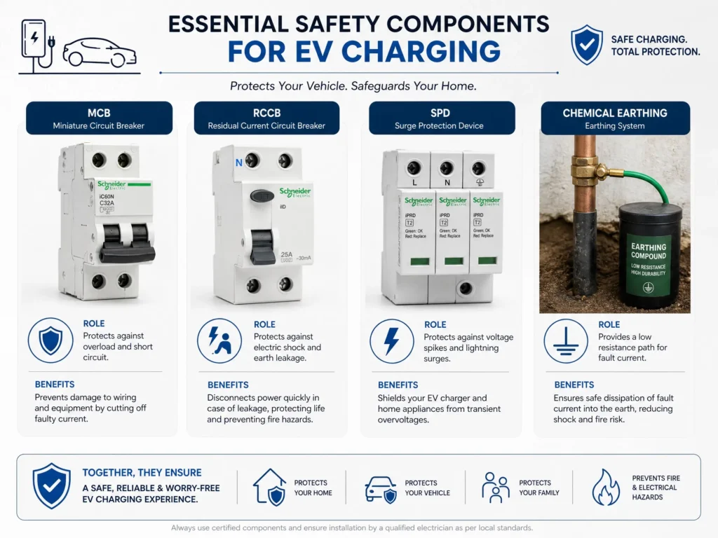 A visual guide to essential EV charging safety components including MCB, RCCB, Surge Protection Device (SPD), and Chemical Earthing system