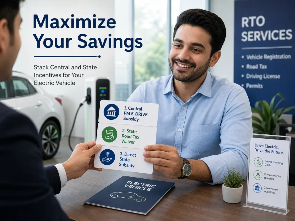 Conceptual image showing how to stack central PM E-Drive subsidies with state-level road tax waivers and direct incentives.