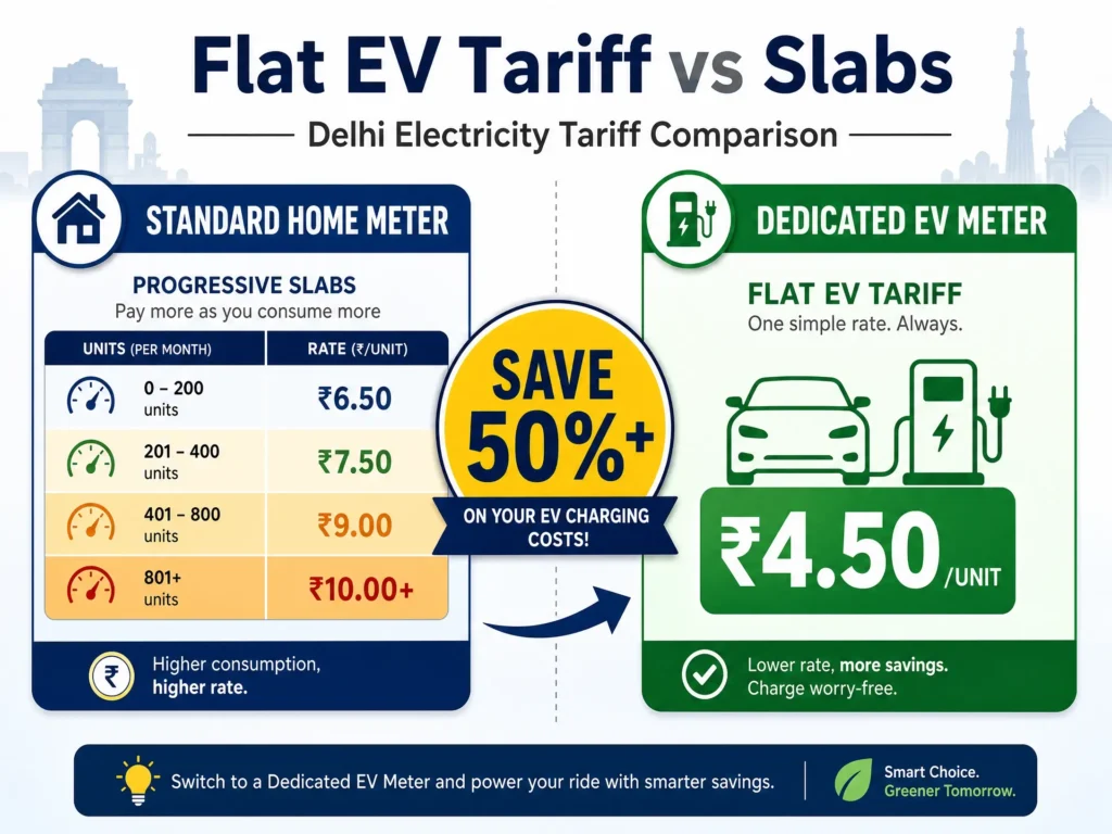 Infographic comparing Delhi's flat ₹4.50 EV charging tariff with standard progressive residential electricity slabs.