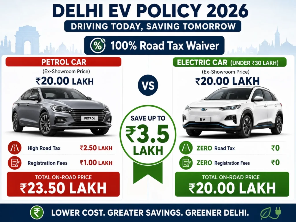  Infographic comparing on-road prices of petrol vs electric cars in Delhi, highlighting the 100% road tax and registration waiver.
