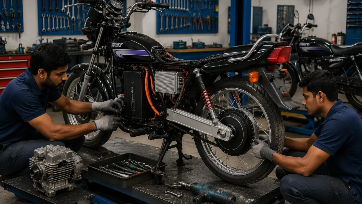 Hero Splendor electric conversion kit installation in an Indian workshop