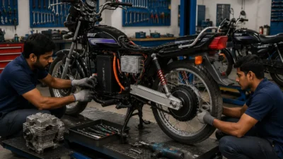 Hero Splendor electric conversion kit installation in an Indian workshop