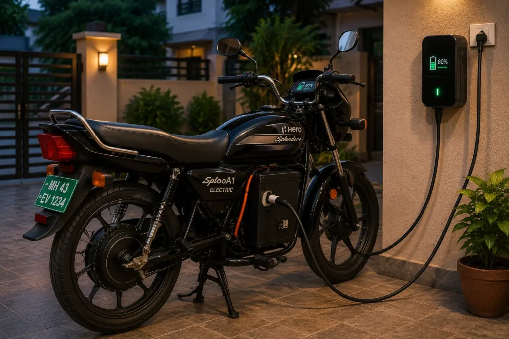 Hero Splendor electric motorcycle charging at home in India.