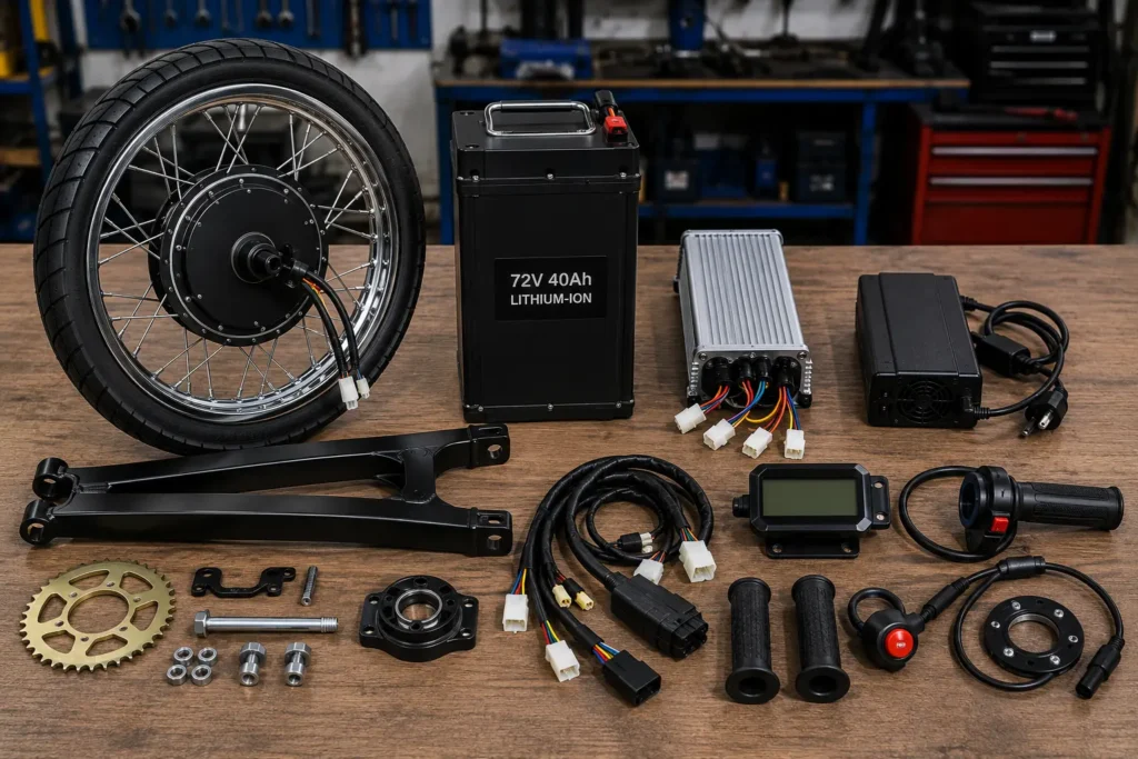 Hero Splendor EV conversion kit components including motor and battery
