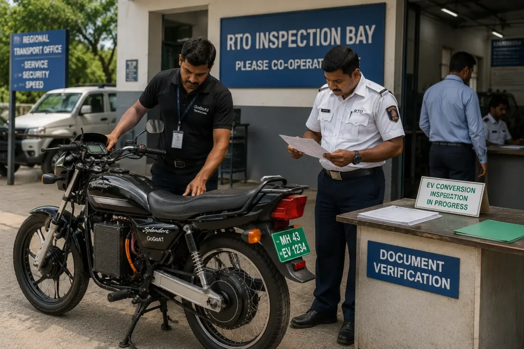 RTO inspection of a converted Hero Splendor electric motorcycle