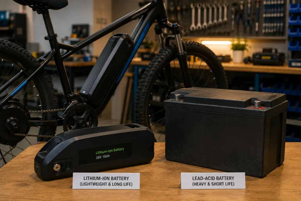 Lithium-ion battery compared with lead-acid battery for electric bicycles.