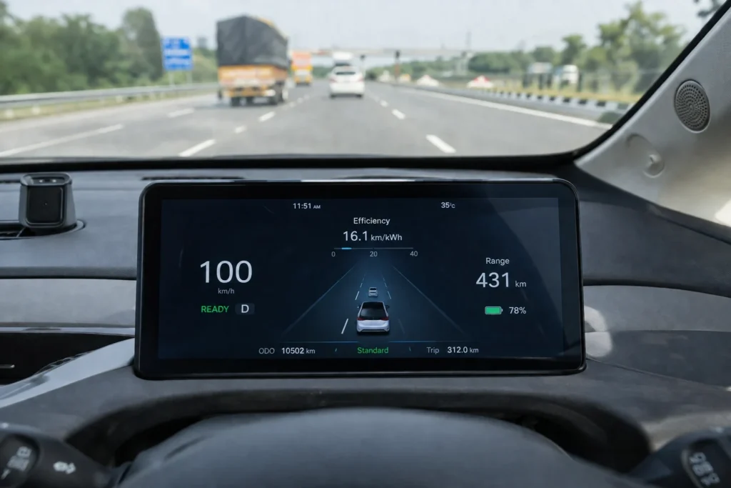 MG Windsor EV Pro dashboard displaying real-world efficiency during a highway test drive