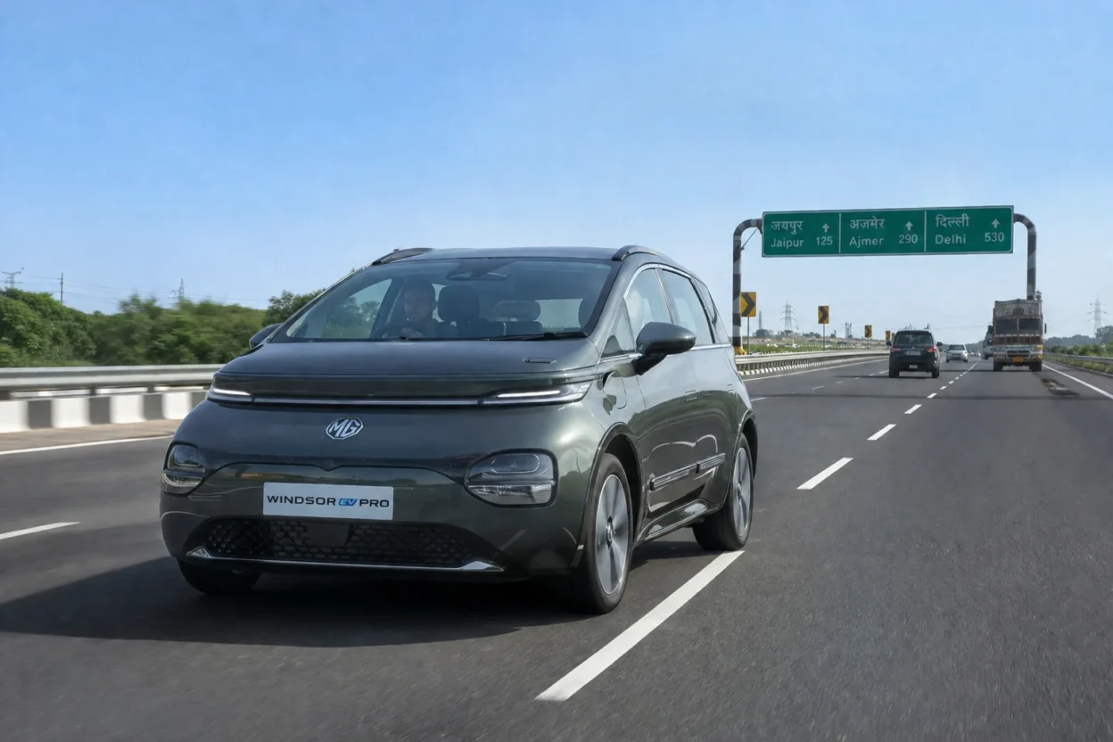 MG Windsor EV Pro driving on an Indian expressway during a highway range test