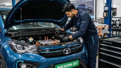 A professional hero image showing an automotive technician inspecting the 12V auxiliary battery of a blue Tata Nexon EV in a workshop