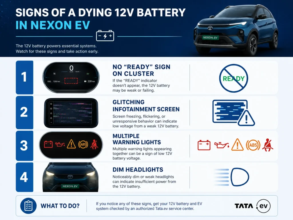 A visual guide showing the 4 common signs of a dying 12V battery in a Nexon EV: no Ready sign, glitching screen, warning lights, and dim headlights