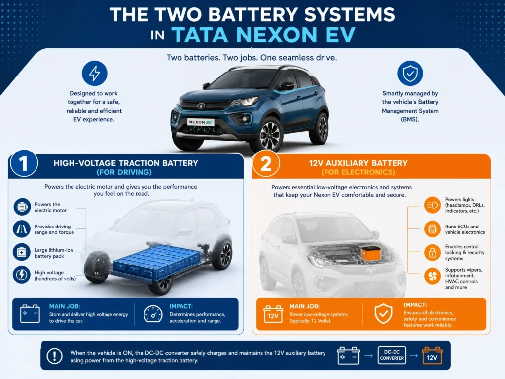 An infographic explaining the two battery systems in a Tata Nexon EV: the high-voltage traction battery for driving and the 12V auxiliary battery for electronics