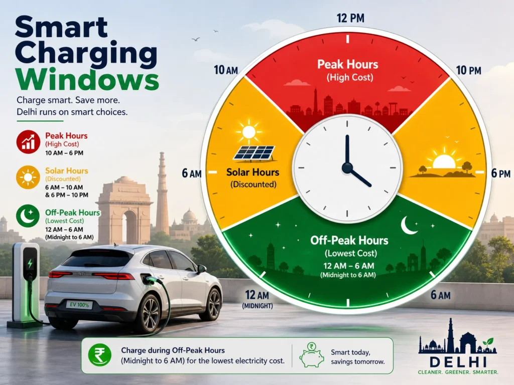 Visual guide to Delhi's smart charging windows, highlighting off-peak hours for lowest EV charging costs.