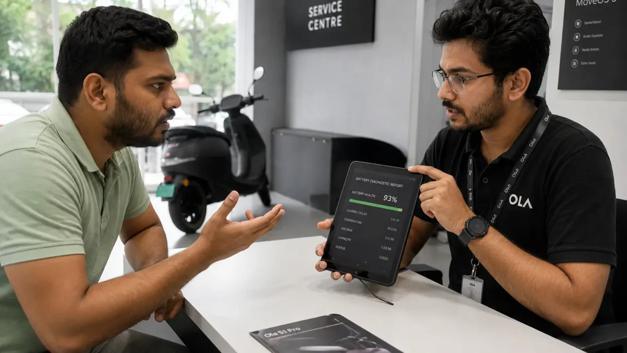Ola scooter owner asking a service advisor for a written battery diagnostic report