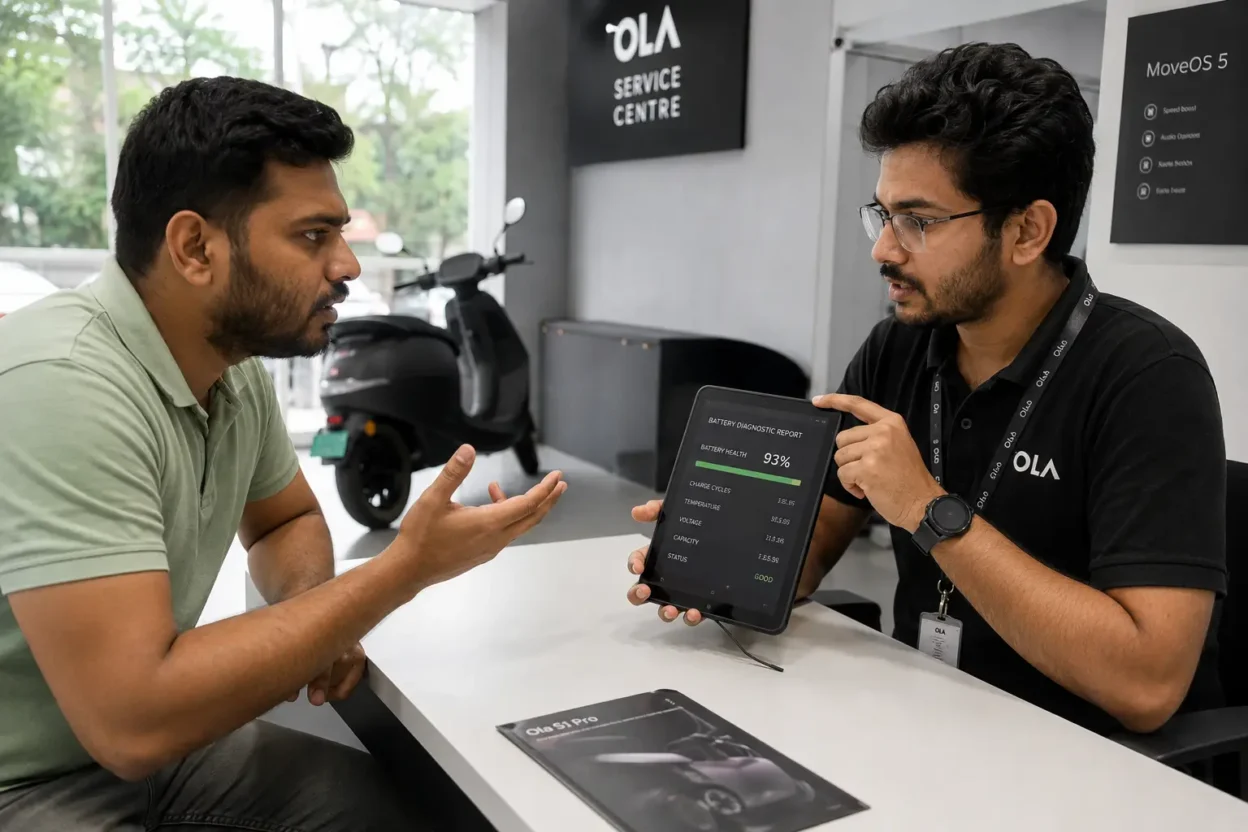 Ola scooter owner asking a service advisor for a written battery diagnostic report
