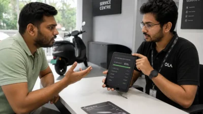 Ola scooter owner asking a service advisor for a written battery diagnostic report